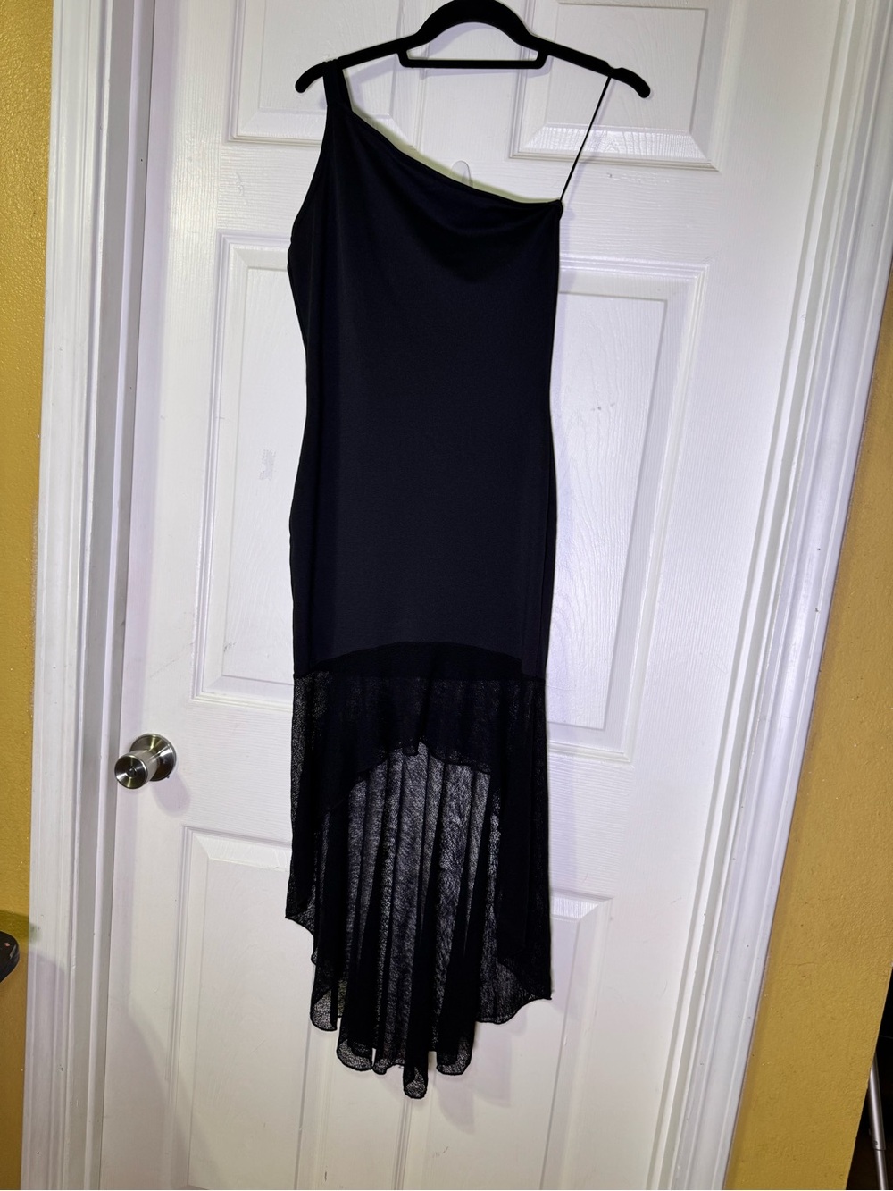 VTG Y2K Bebe Moda Black One Shoulder Asymmetric Mesh Hem Dress Size M